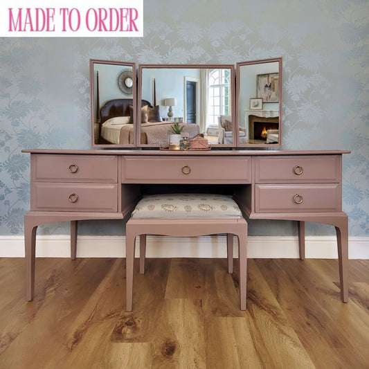 Custom Painted Stag Minstrel Five Drawer Dressing Table with Mirror and Stool – Bespoke Furniture for Timeless Elegance