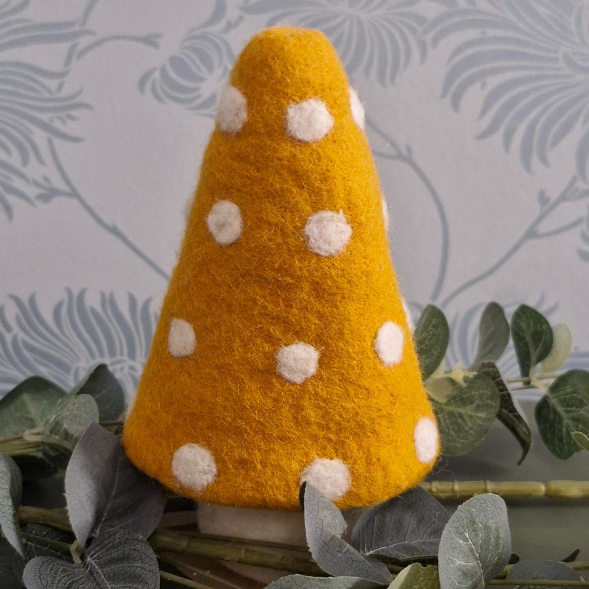 Handcrafted felt mushroom ornament, 19cm, 100% wool with white polka-dot cap; made in Nepal.