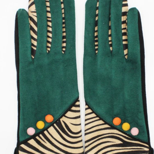 Zebra Animal Print Gloves - Touchscreen Friendly, Cosy Winter Gift, Forest Green Women’s Gloves