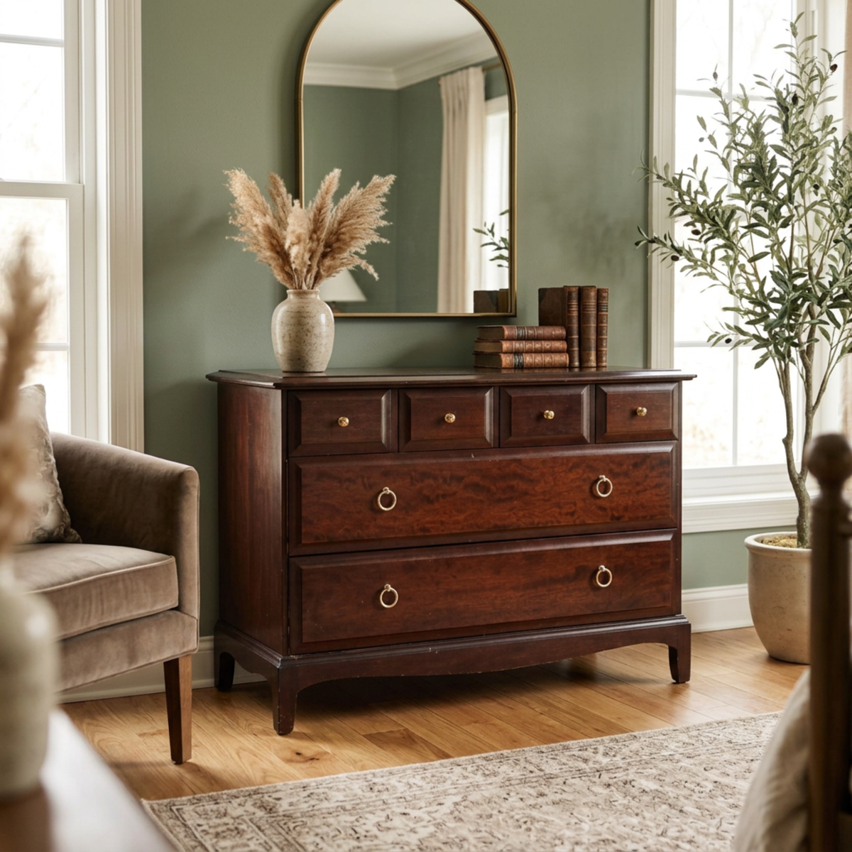 A Stag Minstrel Tall Boy Four Over Two Six Drawer chest of drawers in an elegant bedroom with mirror plants and rug.
