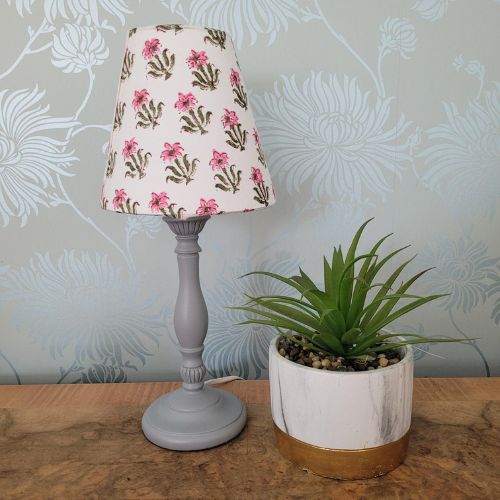 Handmade 6-inch block print candle clip lampshade in cotton with white lining.