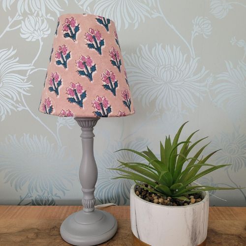 Handmade 6-inch block print candle clip lampshade in cotton with white lining.