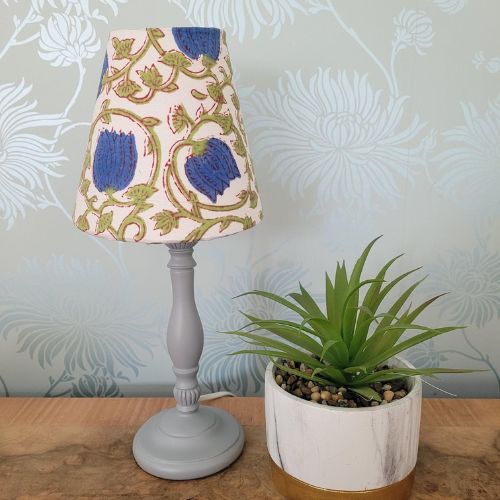 Handmade 6-inch block print candle clip lampshade in cotton with white lining.