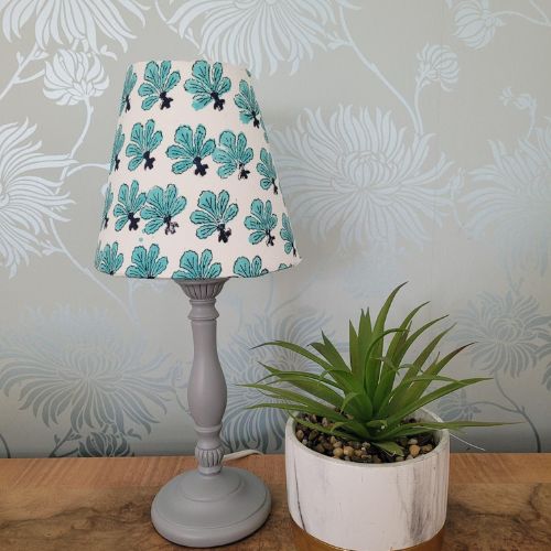 Handmade 6-inch block print candle clip lampshade in cotton with white lining.