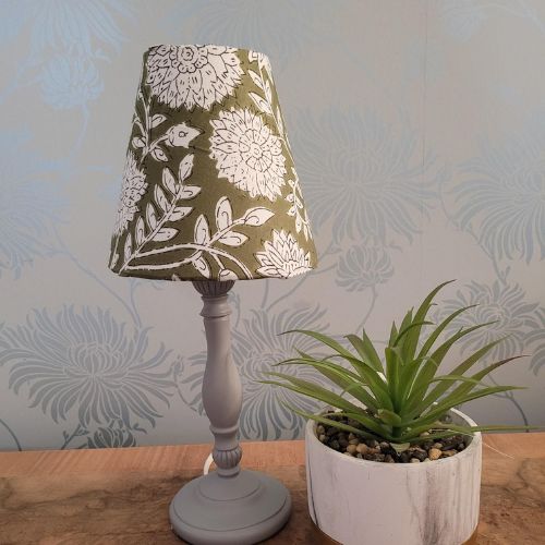 Handmade 6-inch block print candle clip lampshade in cotton with white lining.