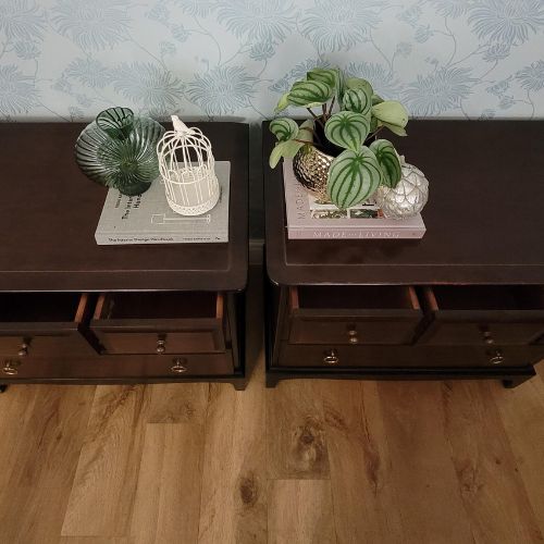 Pair of Stag Minstrel oversized bedside tables with classic design and brass ring handles. Painted to order in a colour and design of your choosing. Stag Minstrel bedside tables offering versatile storage with timeless design with three spacious drawers.