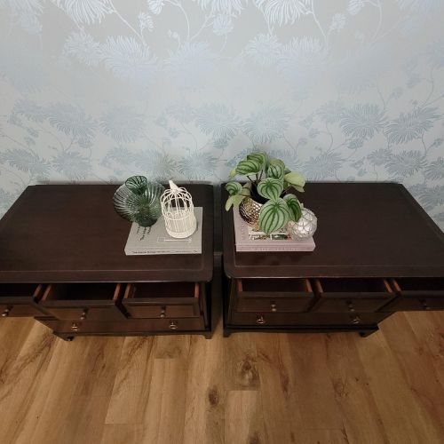 Pair of Stag Minstrel oversized bedside tables with classic design and brass ring handles. Painted to order in a colour and design of your choosing. Stag Minstrel bedside tables offering versatile storage with timeless design with three spacious drawers.