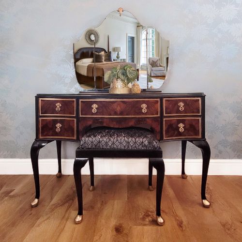 Art Deco dressing table, walnut vanity table, black and gold furniture, vintage dressing table, restored 1930s furniture, tri-fold mirror vanity, reupholstered stool, elegant bedroom furniture, glamorous dressing table, antique dressing table with stool, black and gold Art Deco, walnut and gold vanity, unique vintage furniture, luxury vintage decor.