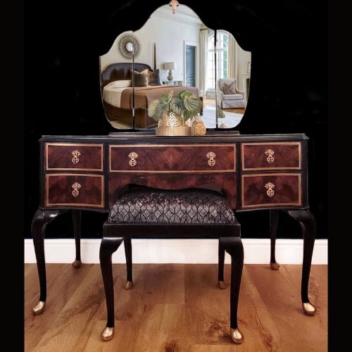 Art Deco dressing table, walnut vanity table, black and gold furniture, vintage dressing table, restored 1930s furniture, tri-fold mirror vanity, reupholstered stool, elegant bedroom furniture, glamorous dressing table, antique dressing table with stool, black and gold Art Deco, walnut and gold vanity, unique vintage furniture, luxury vintage decor.