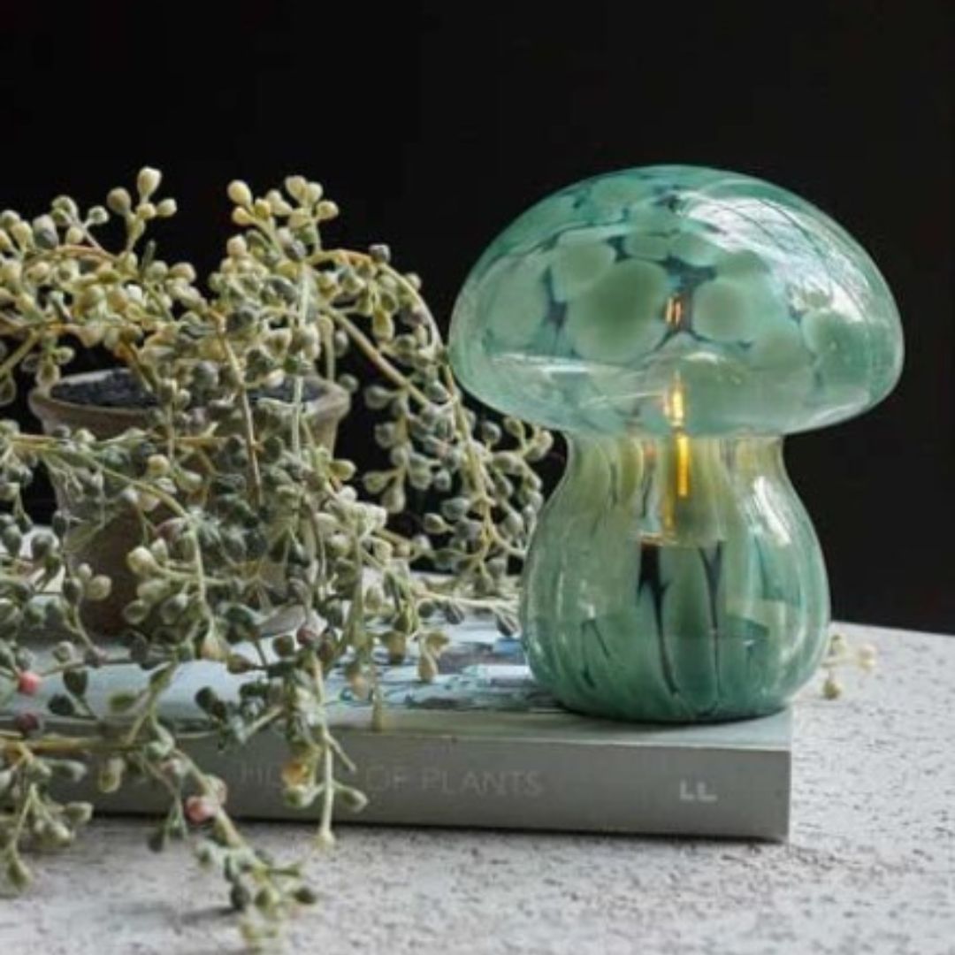 Forest Green / Dusk Glass Mushroom Lamp - LED Portable Table Light - Cordless Battery Powered Lamp - Indoor Outdoor Decor - Boho Lighting