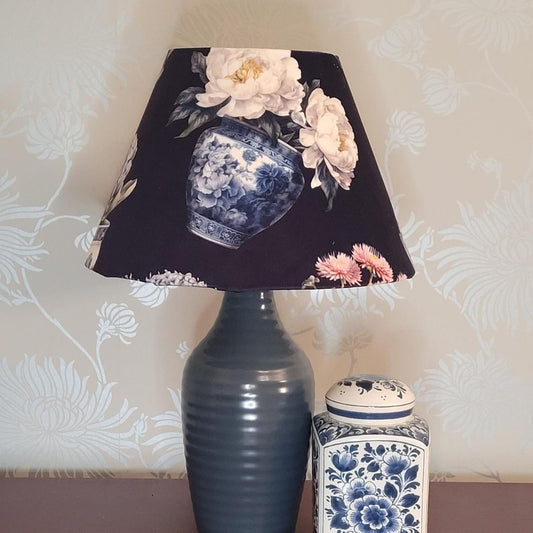 Luxury Deep Blue Velvet Conical Lampshade with Watercolour Plant Pots Design | 21 Unique Botanical Prints | Table Lamp | Hand Made