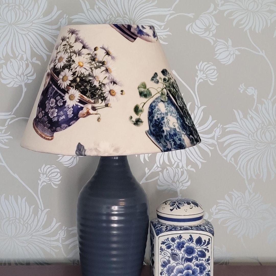 Luxury Ivory Velvet Conical Lampshade with Watercolour Plant Pots Design | 21 Unique Botanical Prints | Table Lamp | Hand Made