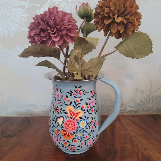 Floral Enamel Jug Vase Hand-Painted Floral Design in Blue or Green | Durable Shatterproof Eco-Friendly Tableware Perfect for Outdoor Dining