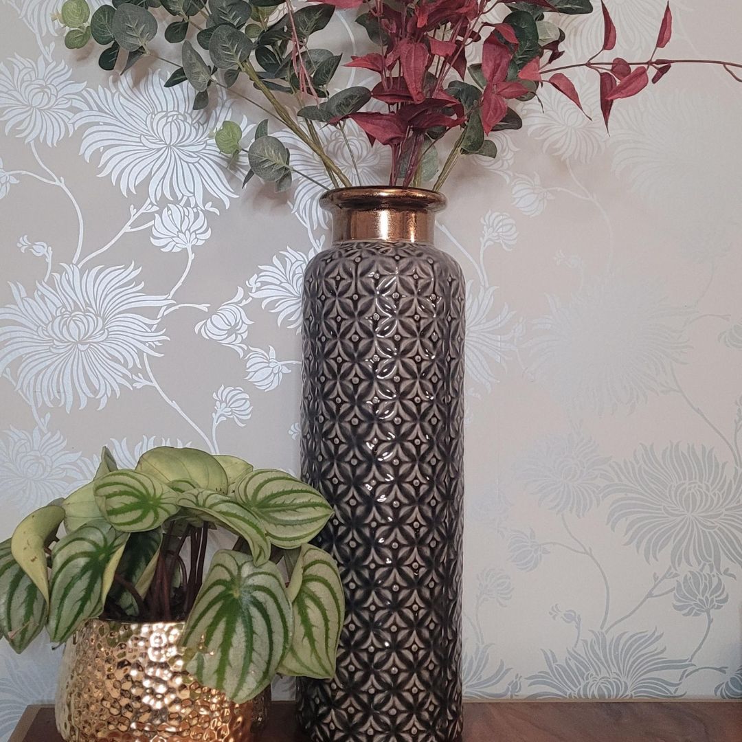 Blue Black Ceramic Vase with Bronze Lip – Textured Decorative Flower Vase for Modern & Classic Home Decor