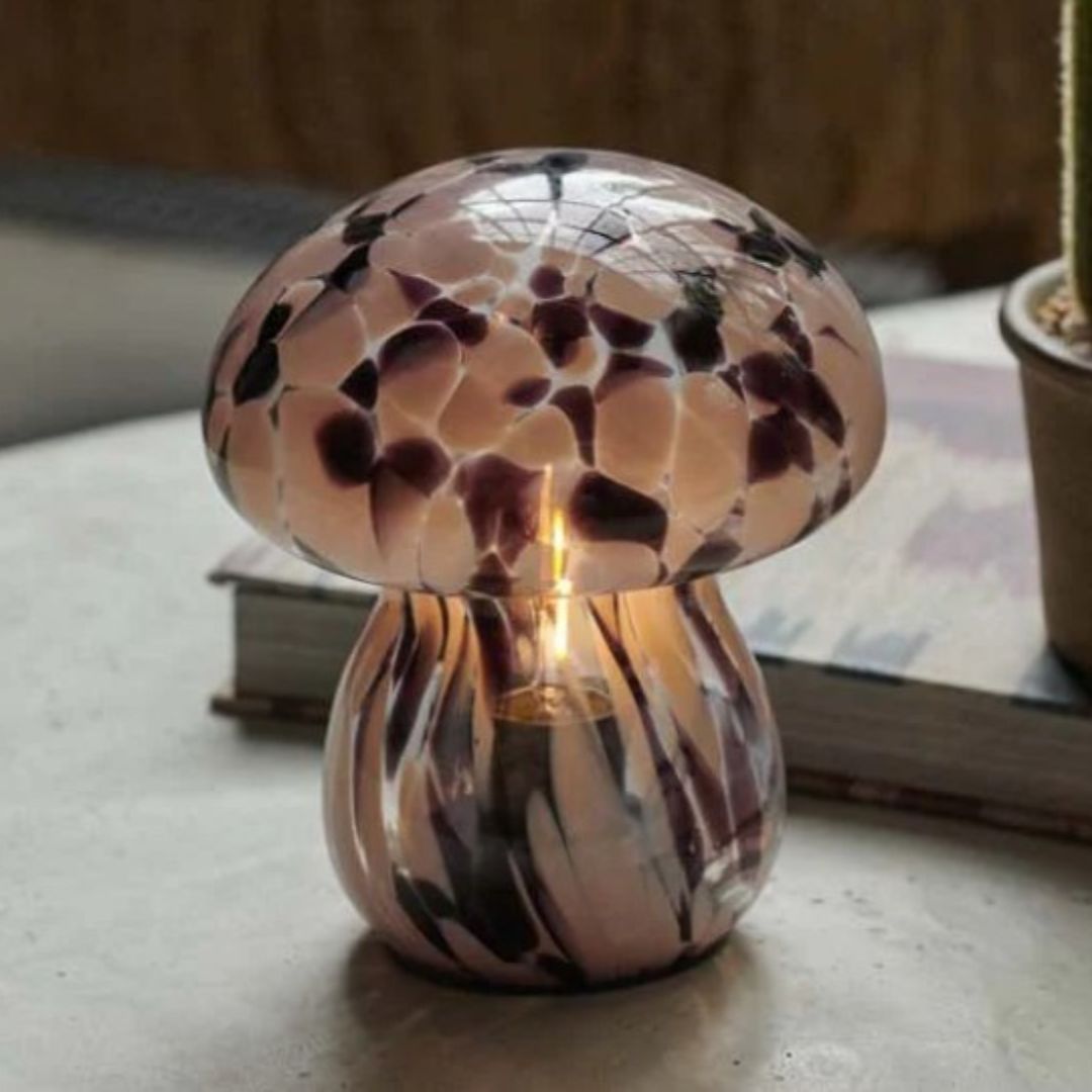 Forest Green / Dusk Glass Mushroom Lamp - LED Portable Table Light - Cordless Battery Powered Lamp - Indoor Outdoor Decor - Boho Lighting