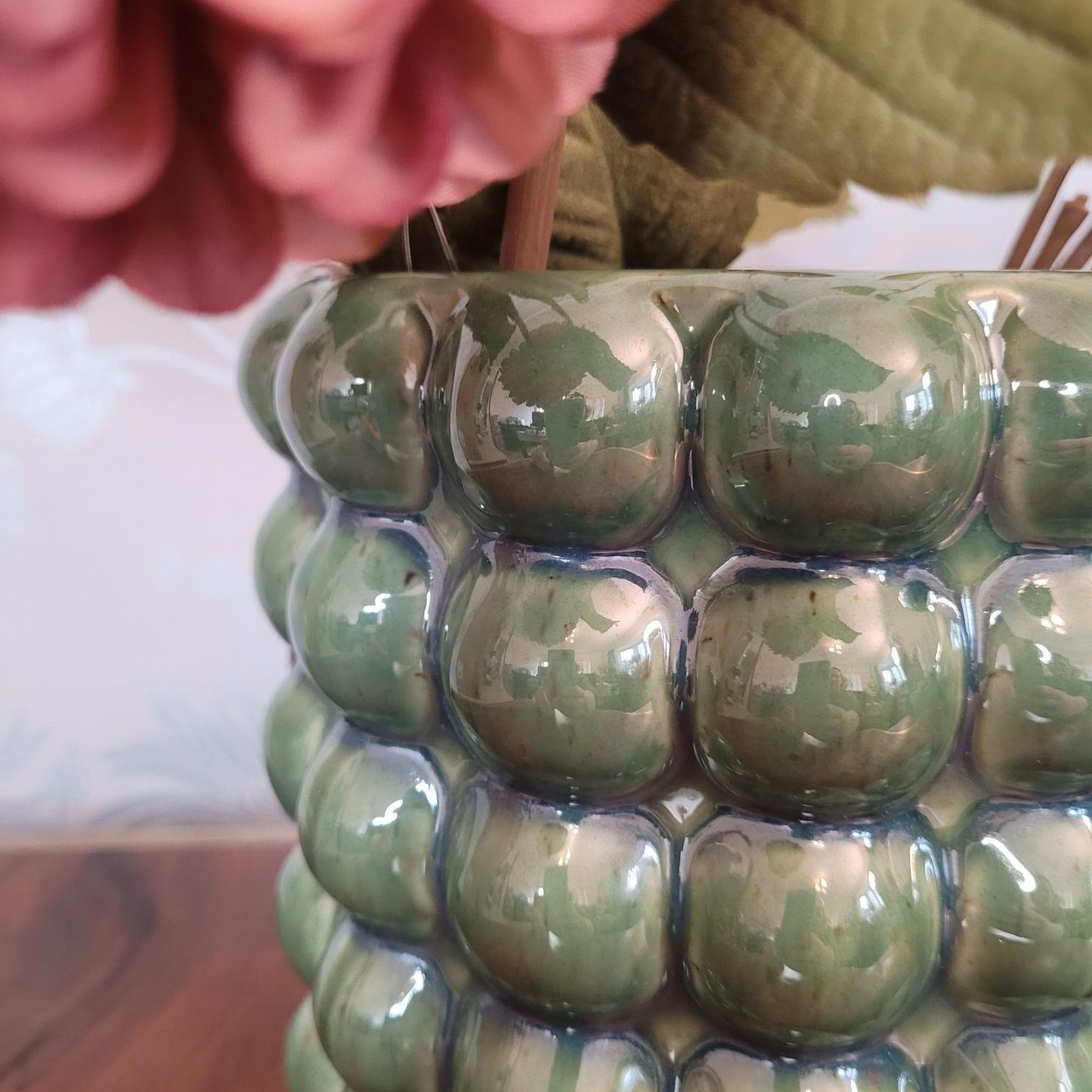 Large Olive Green Bubble Planter - Handcrafted Ceramic Plant Pot