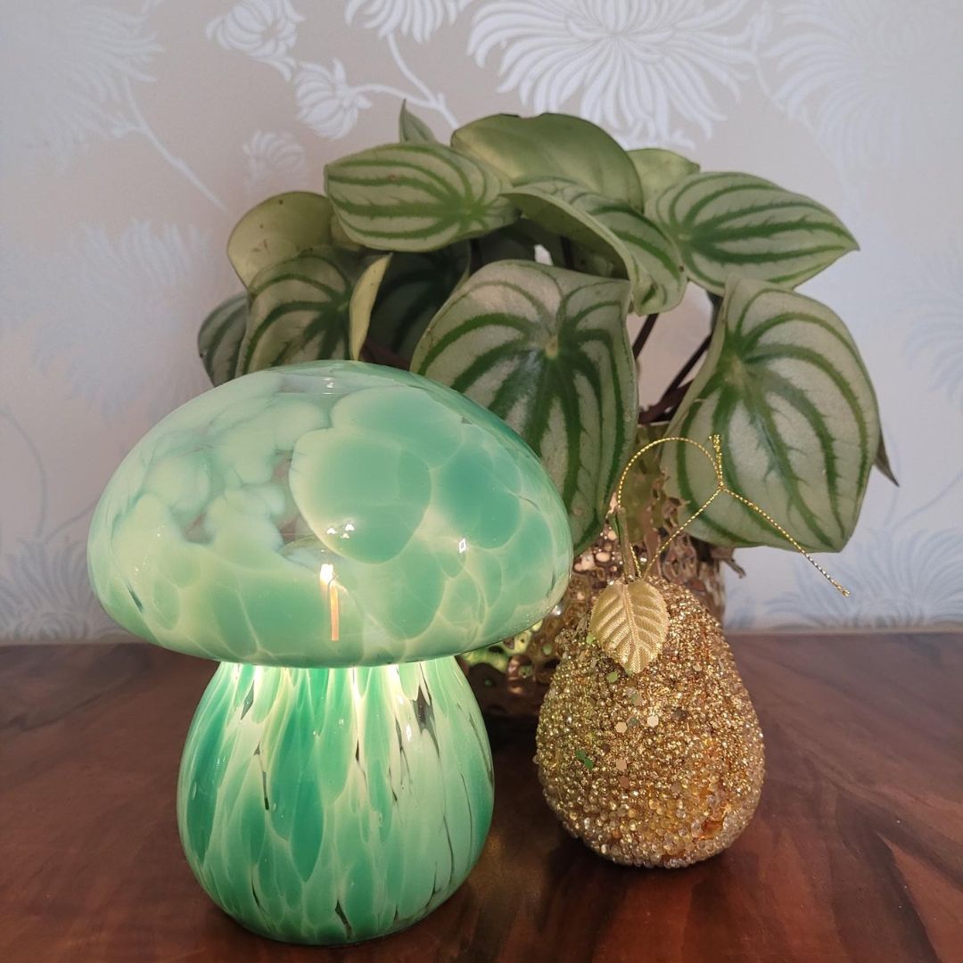 Forest Green / Dusk Glass Mushroom Lamp - LED Portable Table Light - Cordless Battery Powered Lamp - Indoor Outdoor Decor - Boho Lighting