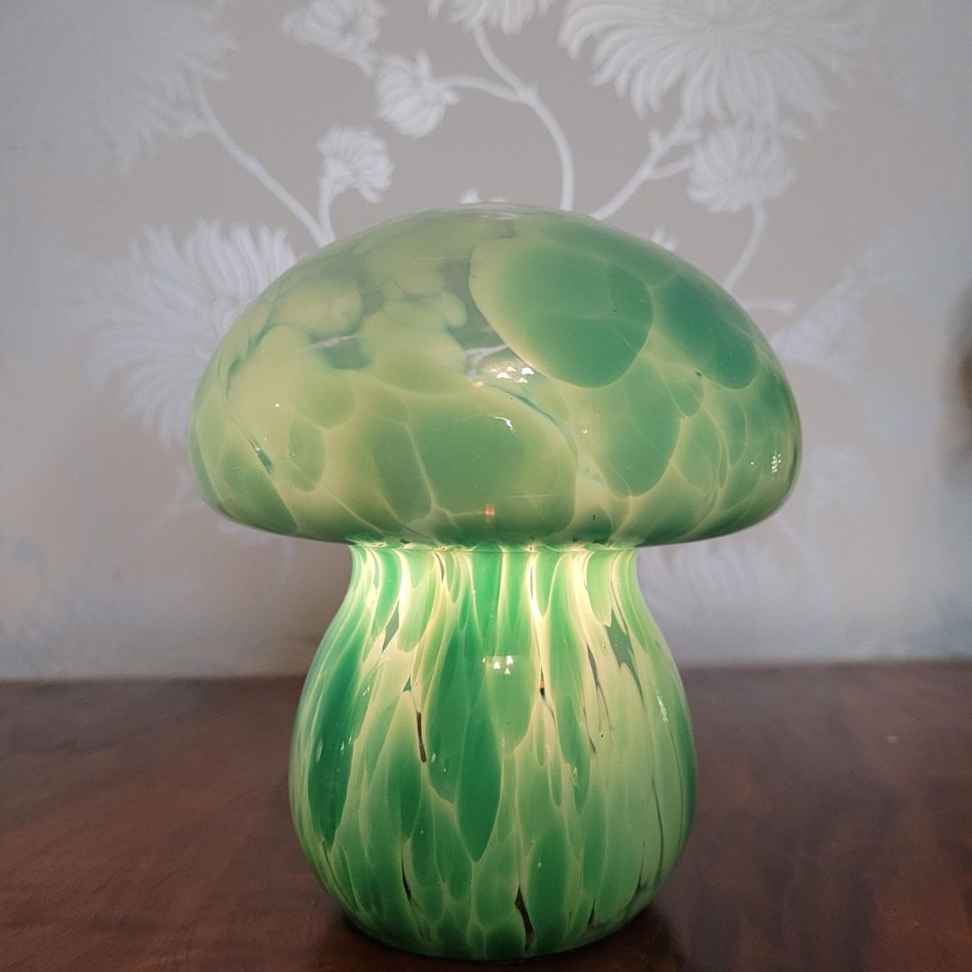 Forest Green / Dusk Glass Mushroom Lamp - LED Portable Table Light - Cordless Battery Powered Lamp - Indoor Outdoor Decor - Boho Lighting