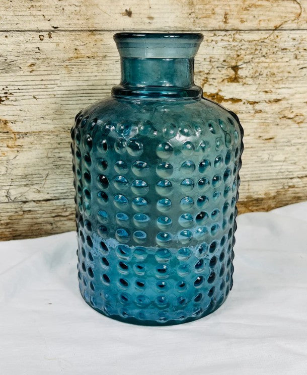 Handblown bubble vase in 100% recycled glass. A rustic statement piece that catches the light beautifully. 20cm tall. Light Green, Dark Green or Navy.