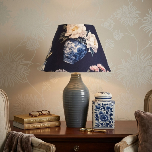 Handmade Ivory Velvet Conical Lampshade | Botanical Watercolour Plant Pots Design | 25cm Table Lamp Shade