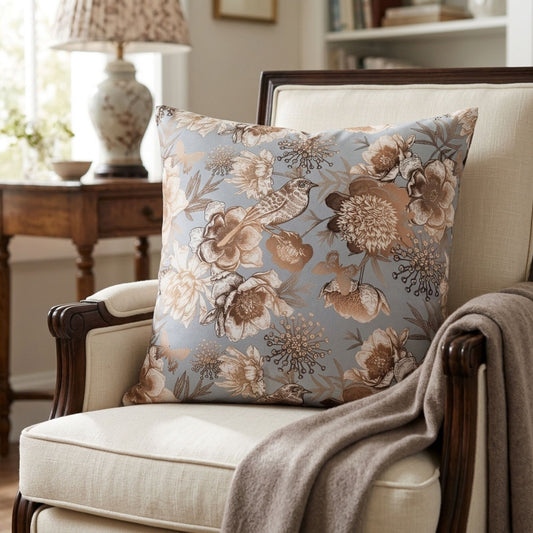 Copper & Pale Blue Velvet Cushion 45x45 cm — Bird & Floral Design