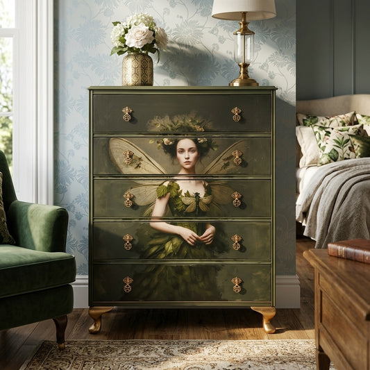 Decorative chest of drawers with a painted design in a bedroom setting