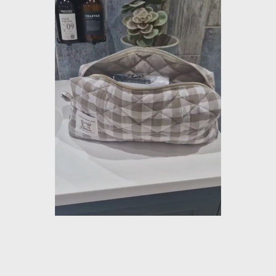 Video and hand sewn gingham hair tool bag in sand colourway