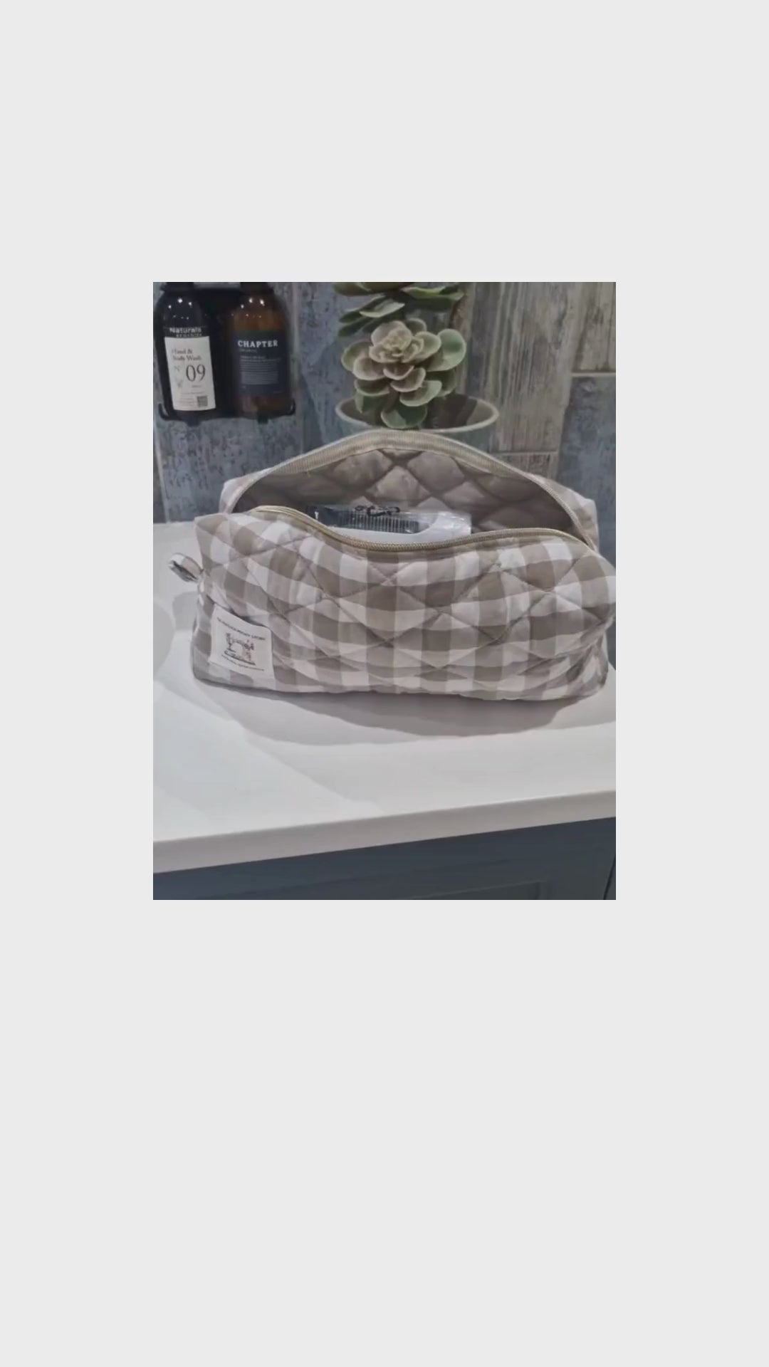 Video and hand sewn gingham hair tool bag in sand colourway