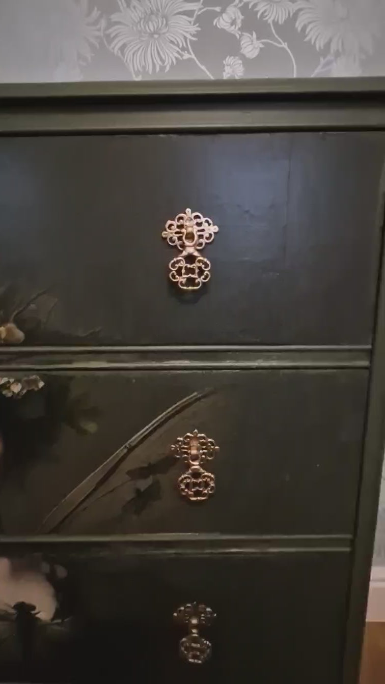 Ethereal fairy decoupage Stag chest in mossy Bayberry with bronze hardware, styled in a calm bedroom setting.