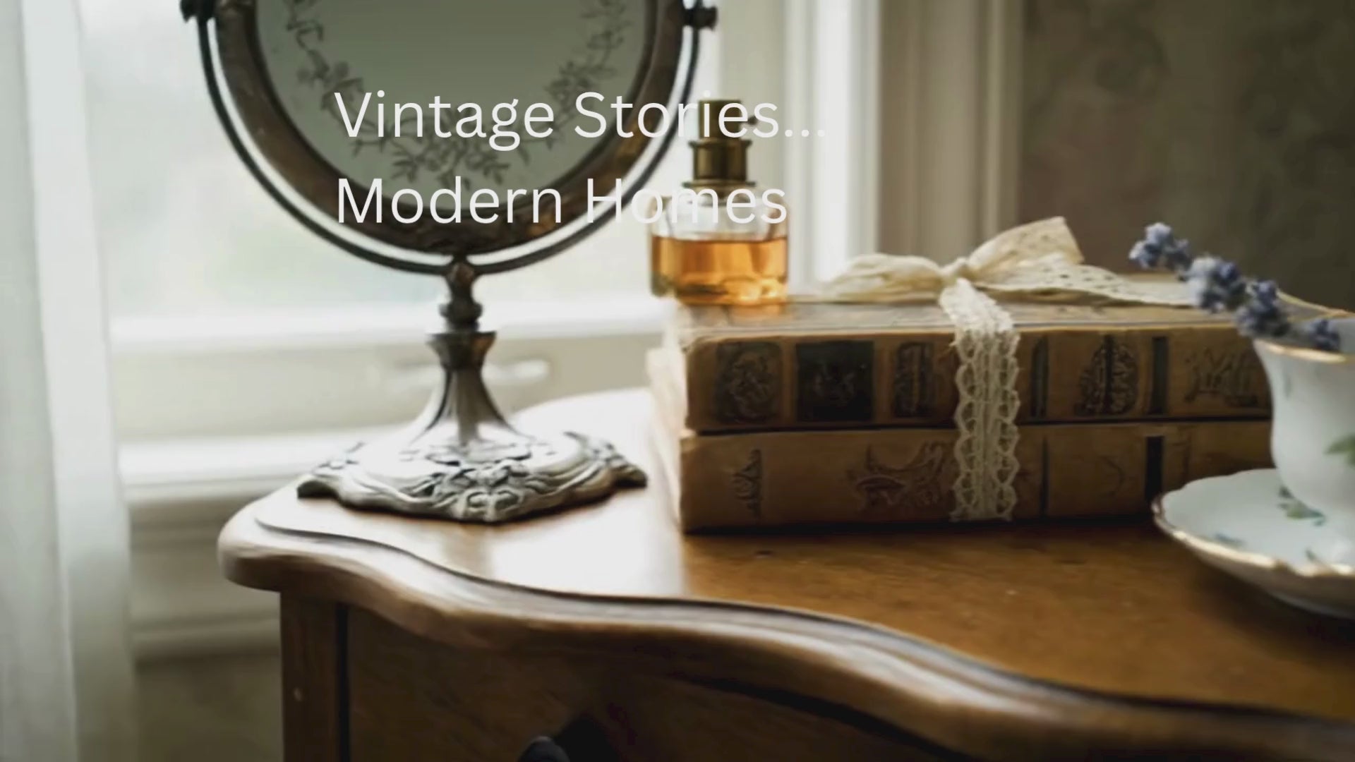 Load video: Vintage dressing table showing candle holders and mirror depicting a scene of vintage furniture that can be placed within a modern home interior
